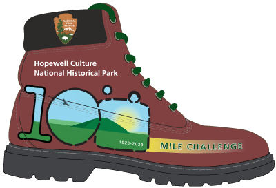 side-view of hiking boot logo with 100 centennial spelled out in earthwork design.