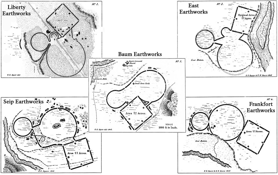 Aerial view of several black and white old maps