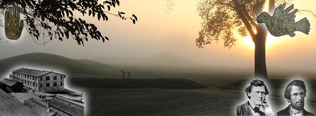 The sun rising in the background with inset images of building on the lower left and two men in lower right