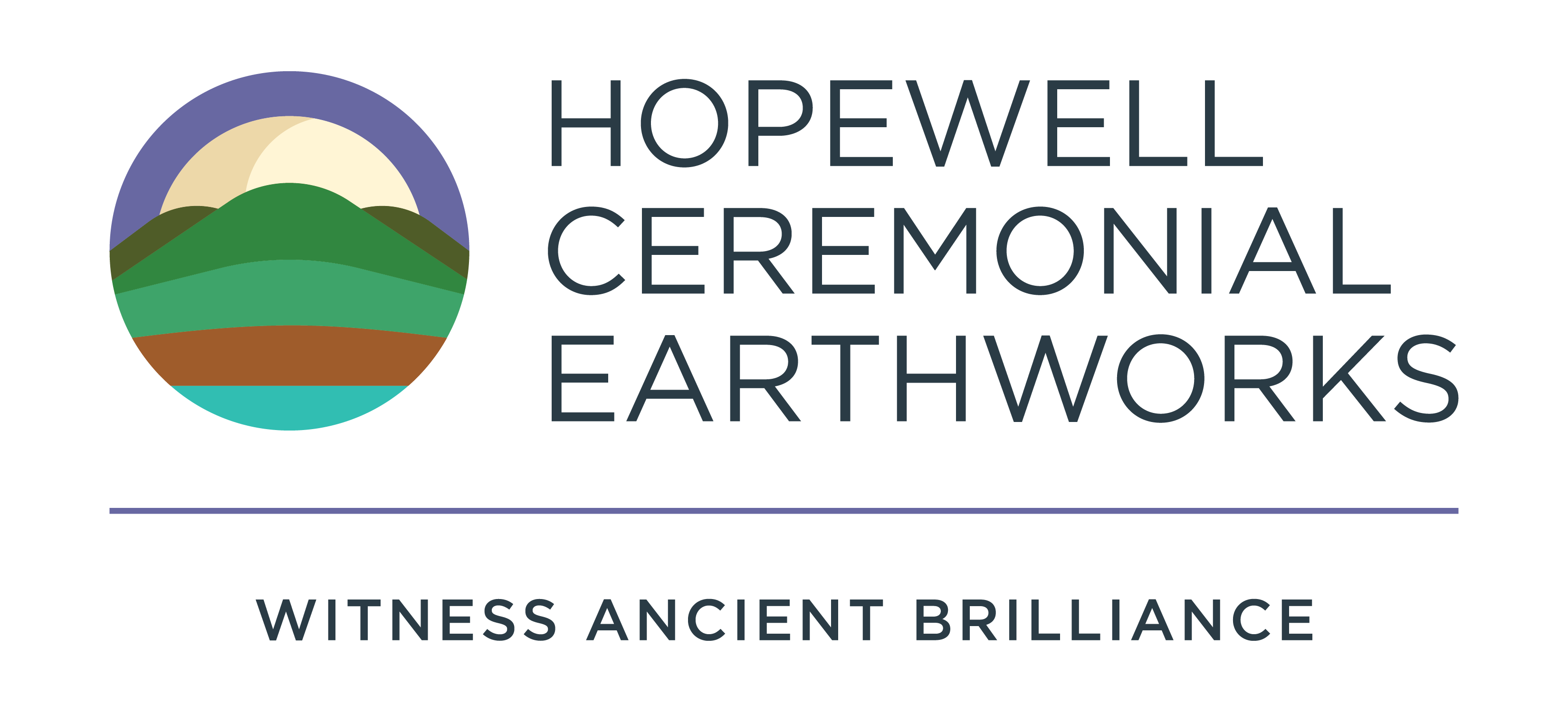 circle logo composed of colored layers in purple, green and brown text reads Hopewell Ceremonial Earthworks Witness Ancient Brilliance