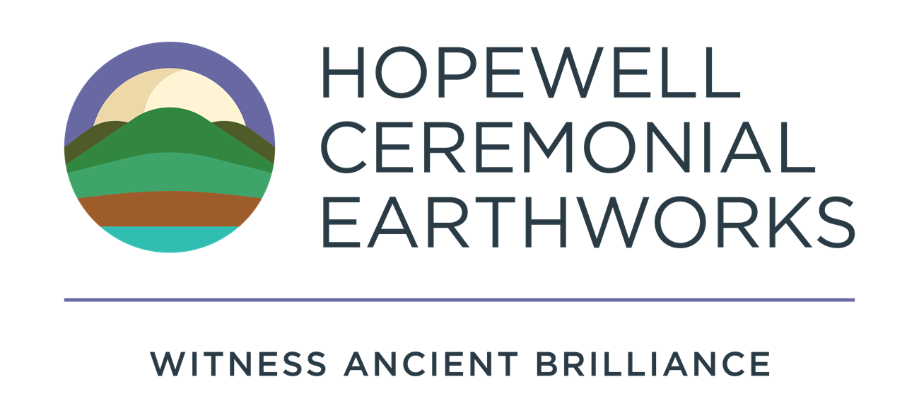 circle logo composed of colored layers in purple, green and brown text reads Hopewell Ceremonial Earthworks Witness Ancient Brilliance