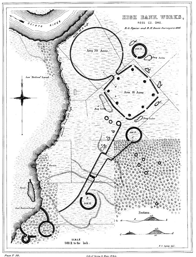 black and white map of a geometric earthwork and its surrounding topography.