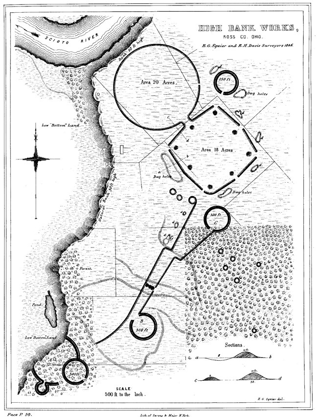Highbank Earthworks black and white map of a geometric earthwork and its surrounding topography.