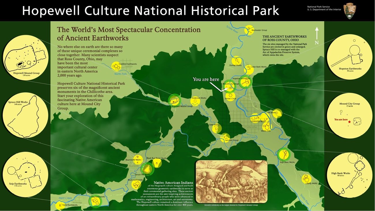 The World's Most Spectacular Concentration of Ancient Earthworks Map showing location of numerous earthworks and terrain.