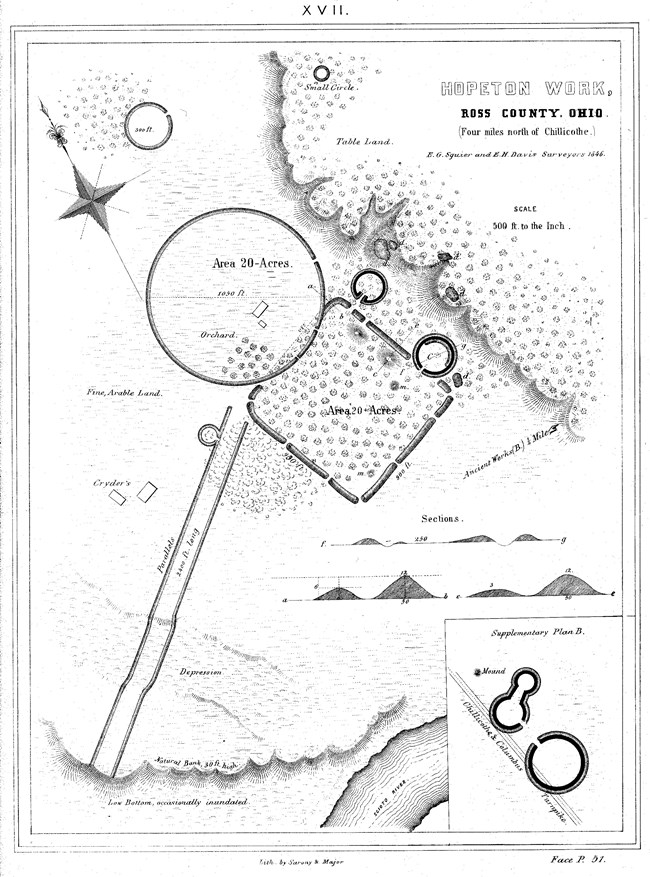 lt= historic survey map of aerial view of earthwork showing geometric earthwork and terrain.