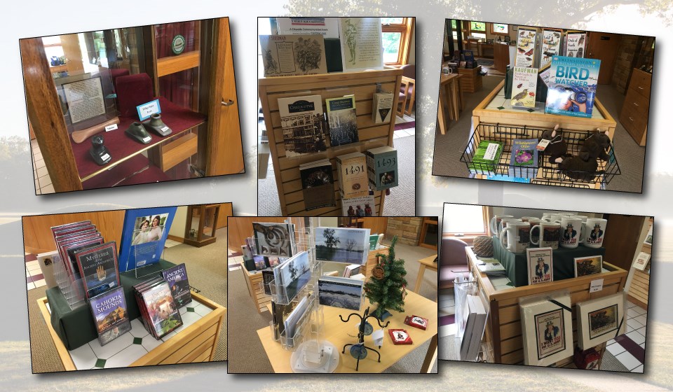 Various bookstore products on display in the visitor center