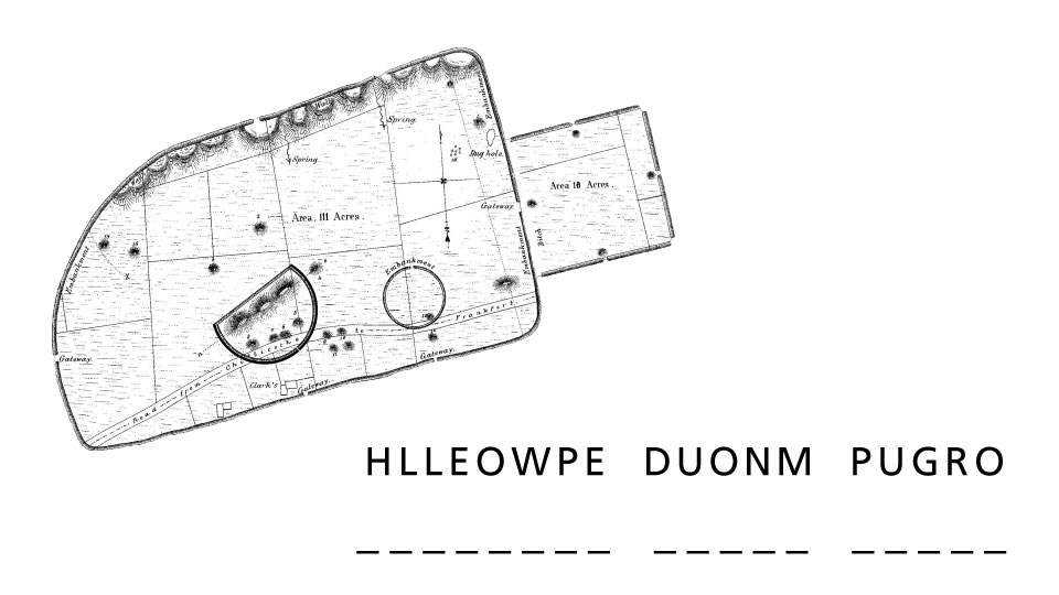 A trace drawing of an earthwork feature and scrambled up words