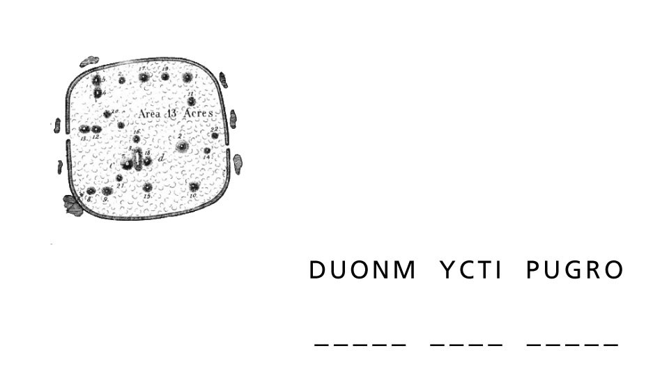 A trace drawing of an earthwork feature and scrambled up words