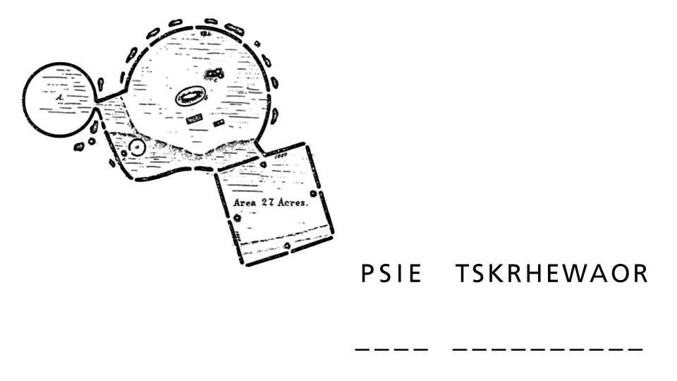 A trace drawing of an earthwork feature and scrambled up words