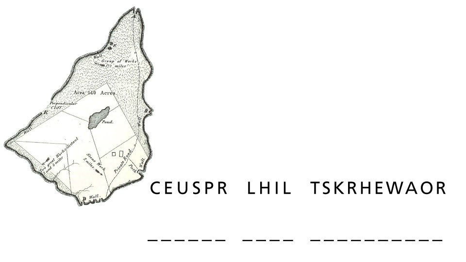 A trace drawing of an earthwork feature and scrambled up words