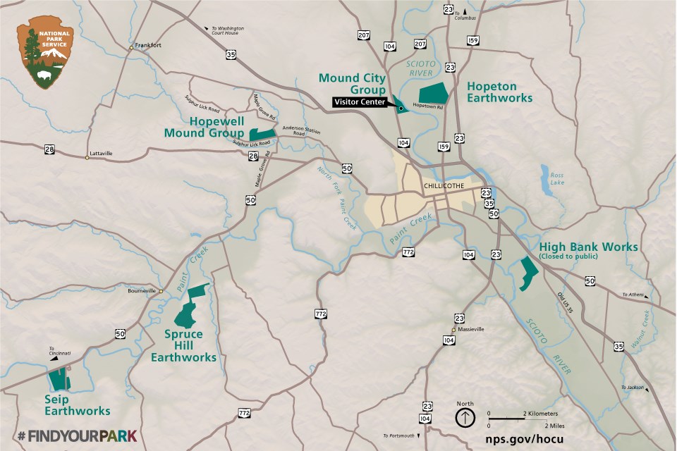 County map showing the six sites of the park