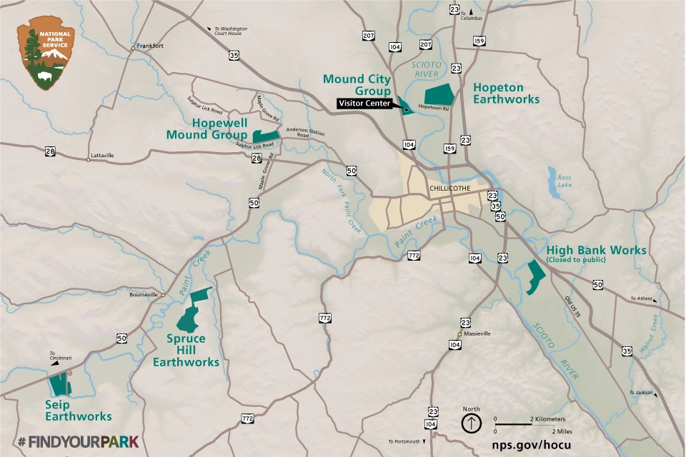 Six Sites Map 2023b County map showing the six sites of the park