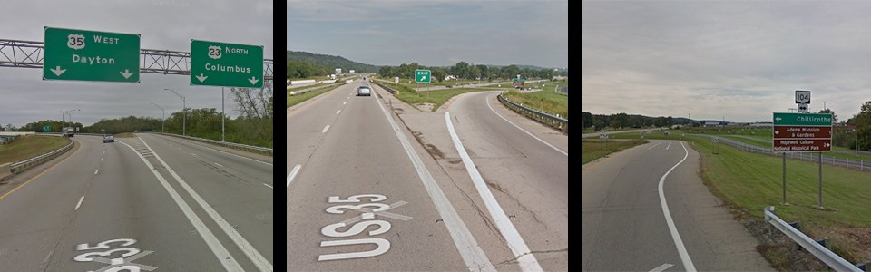 Pictures of a highway with highway signs and an exit ramp with landmark signs