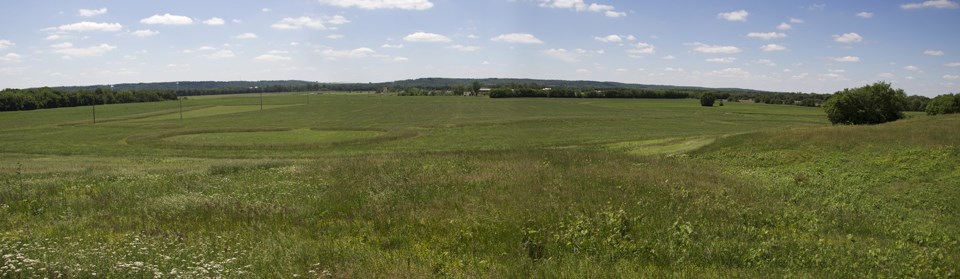 A landscape view of an open grass land showing raised grass in circular and square cutouts among the trimmed grass under a blue sky.
