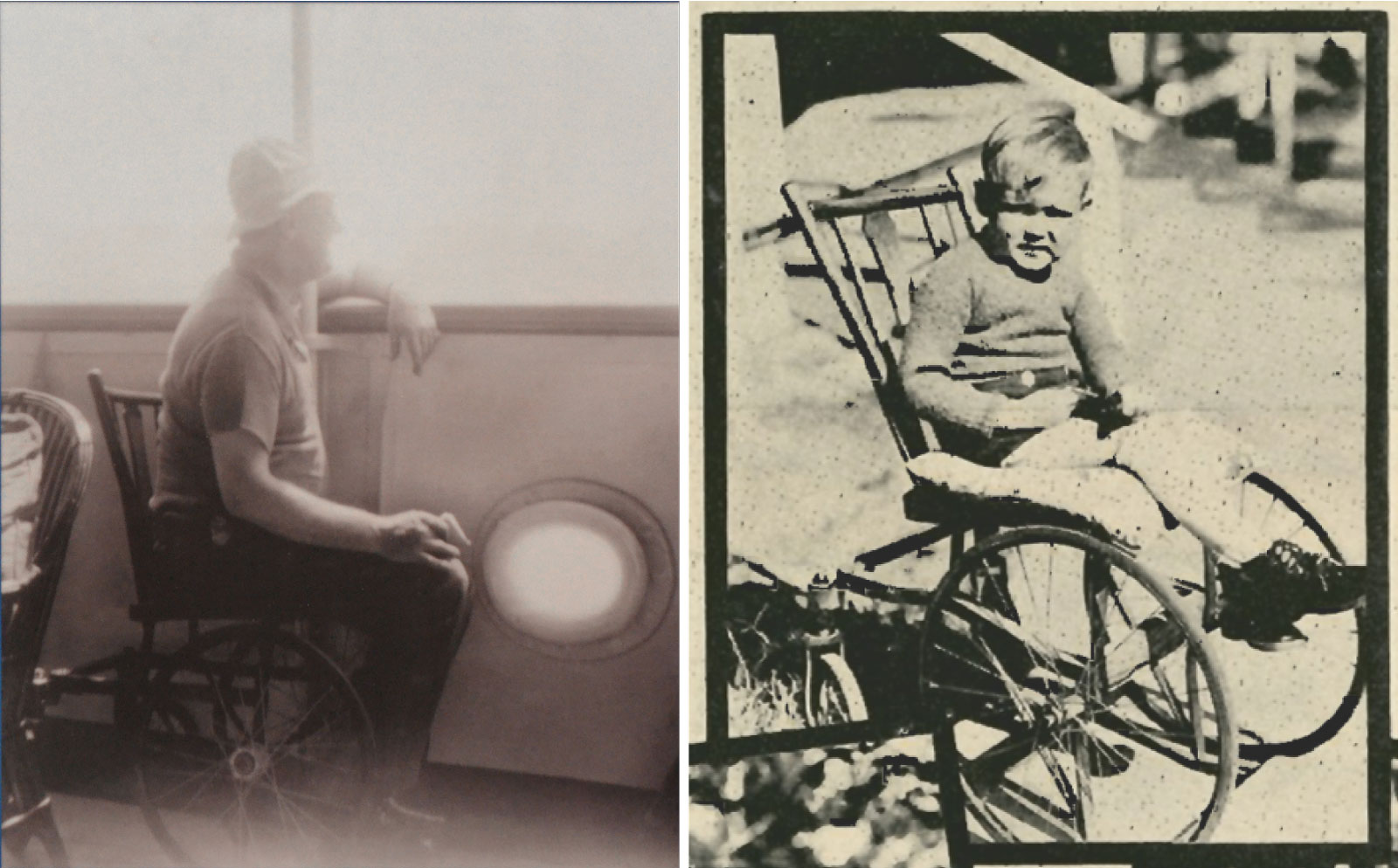 A comparison of two images showing FDR in a wheelchair and a boy in a similar wheelchair.