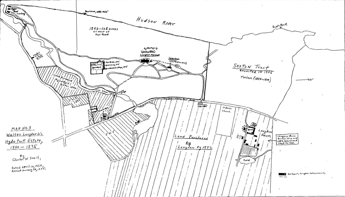A black and white, hand-drawn map of the Langdon estate, showing property boundaries, roads, buildings and other landscape features