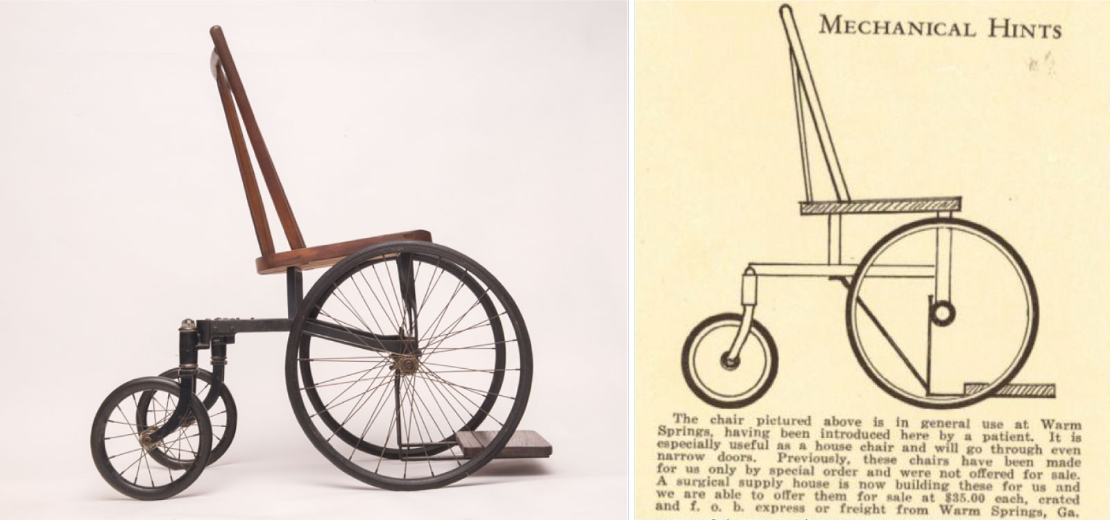 An image comparison between FDR's wheelchair and the advertisement for a Warm Springs wheelchair.