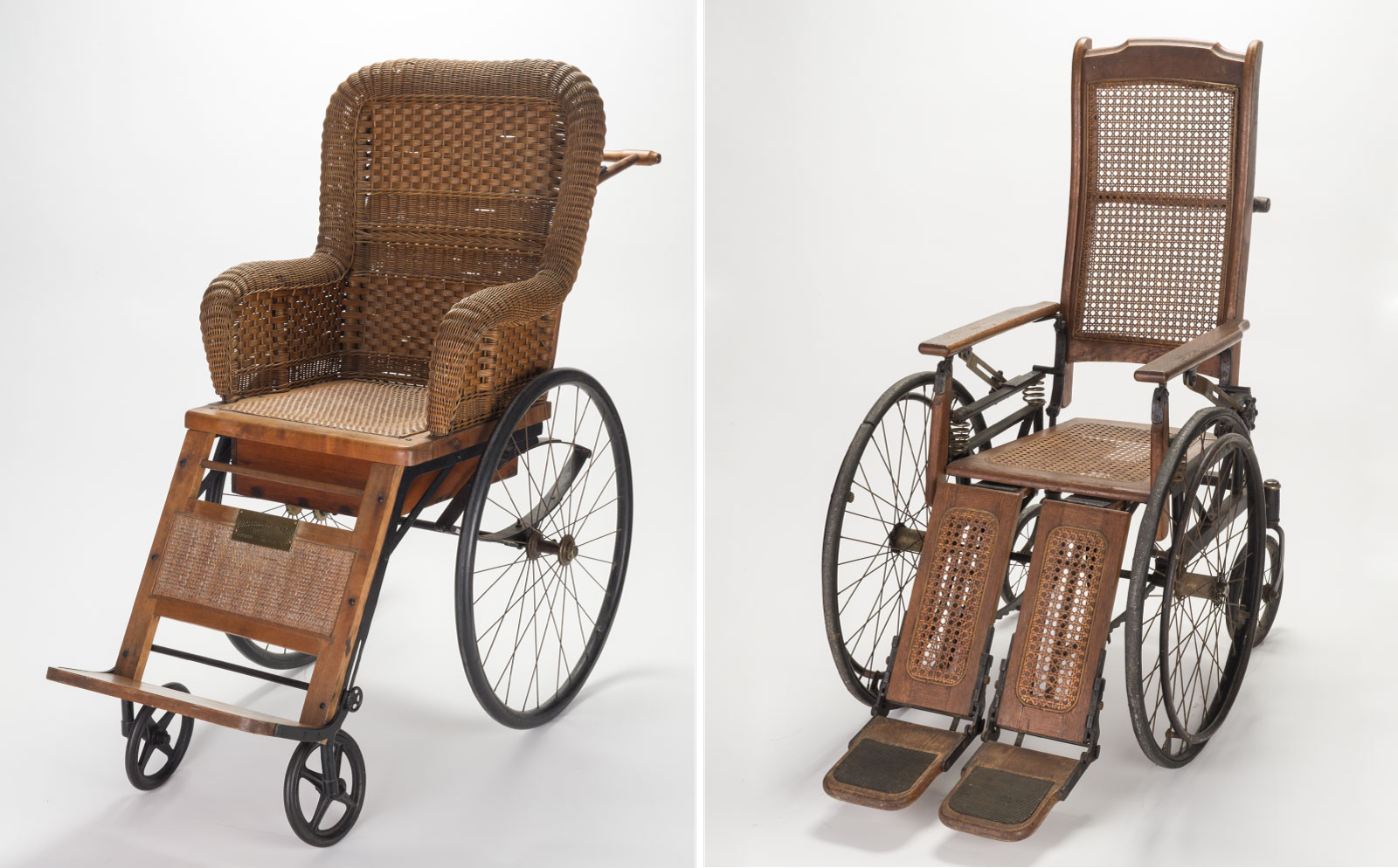 A wicker wheelchair and a wood wheelchair with handles along the back.