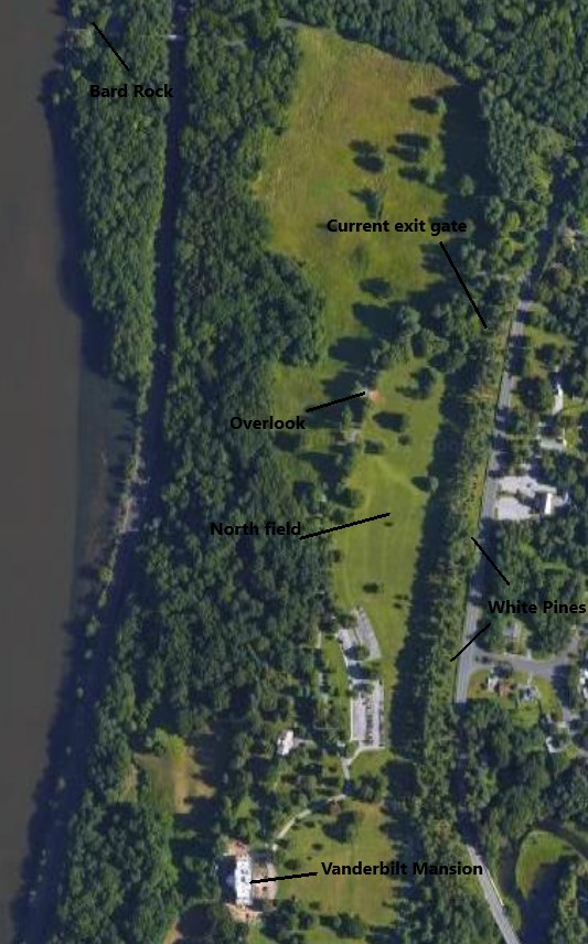 Aerial view of Vanderbilt Mansion National Historic Site, with important landmarks labeled 