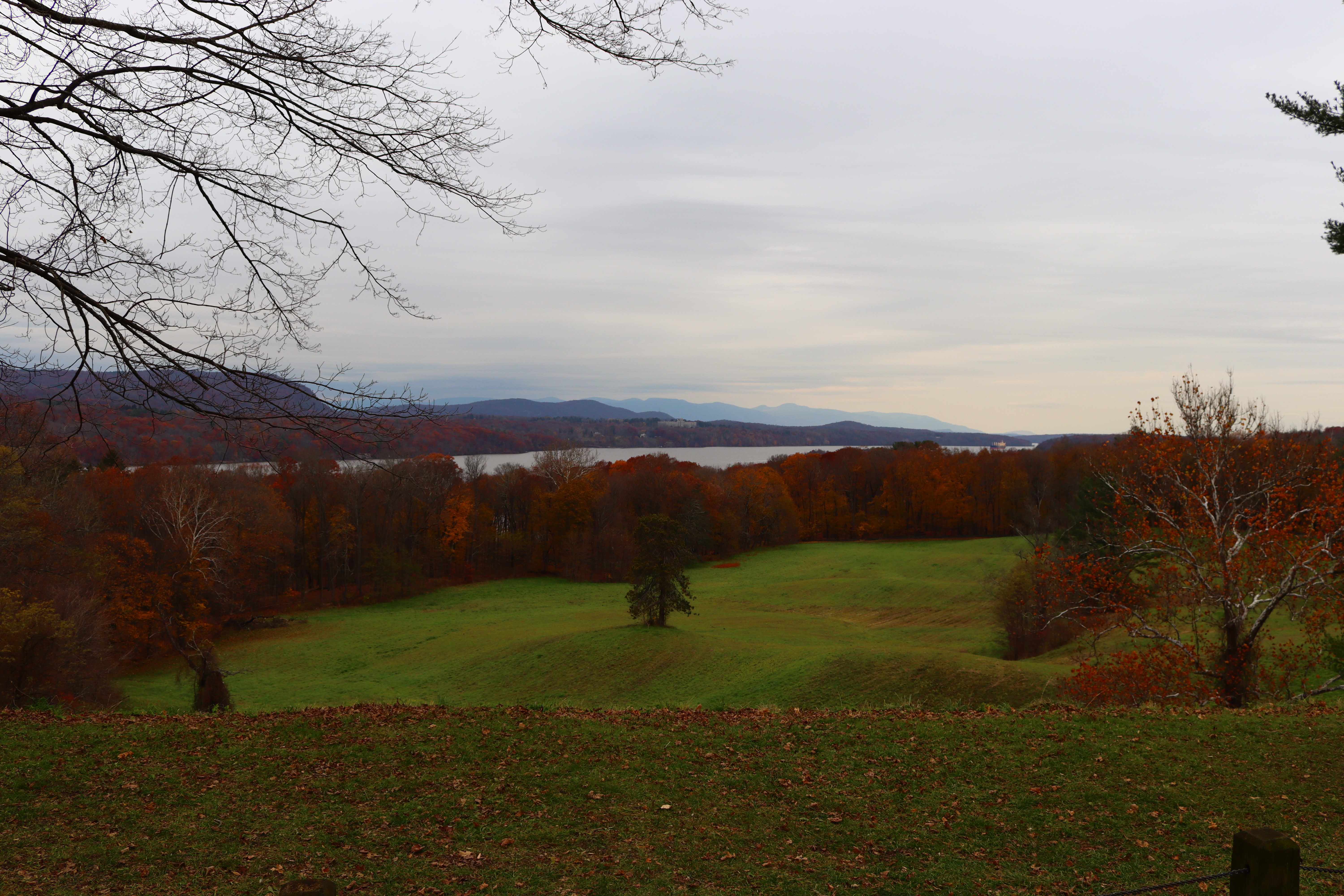 A meadow, river, and mountains.