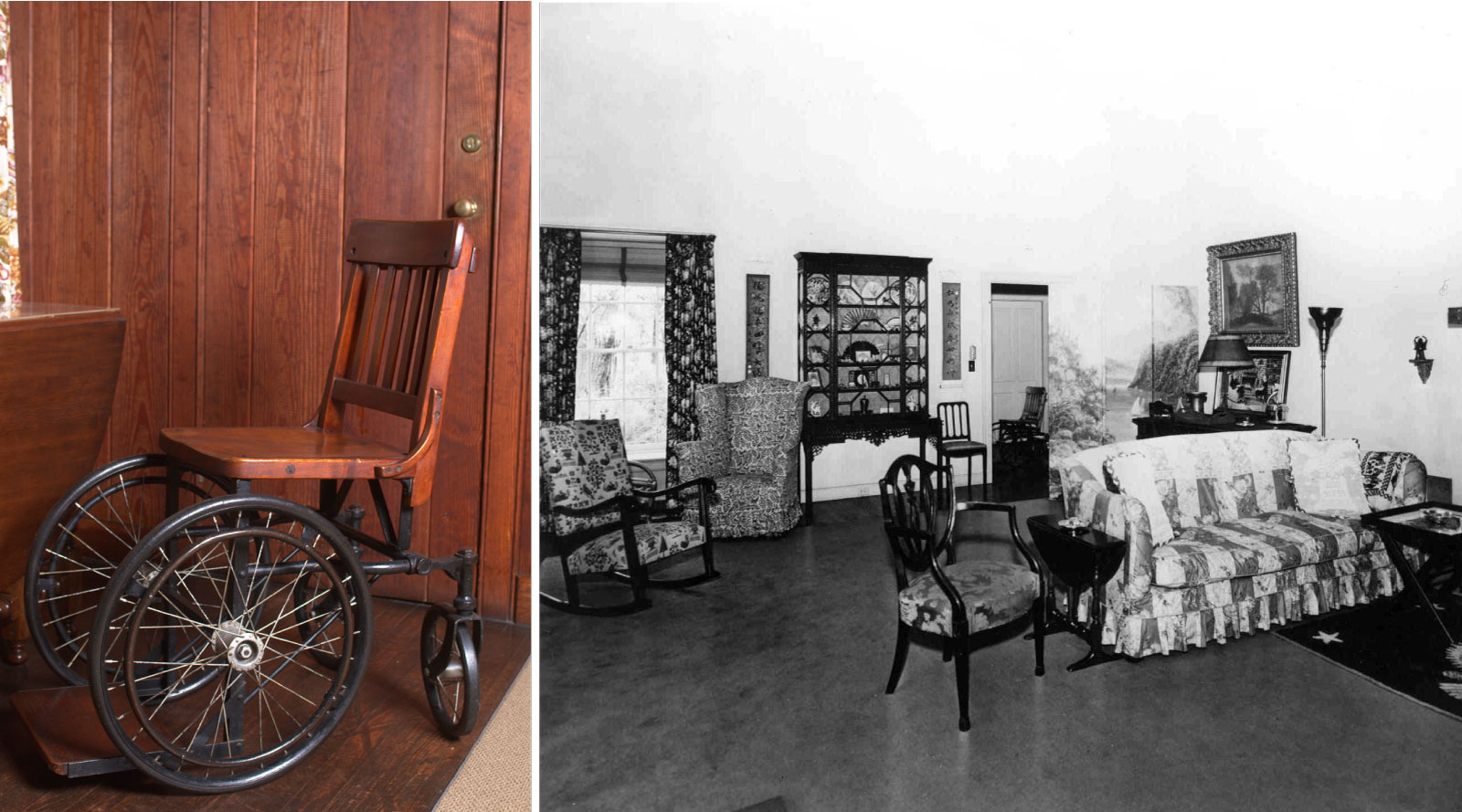 A whhelchair on left and a photo of a room on right.