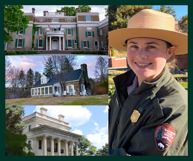 A collage of photos including a smiling park ranger and three photos containing historic buildings associated with the Roosevelt and Vanderbilt families.