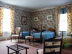 A bedroom with a pair of twin beds.