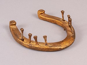 A gilded horseshoe with nails