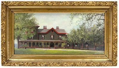 A painting of a house with gabled roof surrounded by trees.