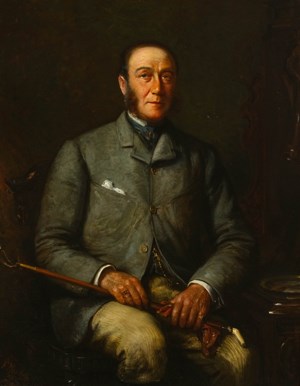 A portrait of James Roosevelt seated with a riding crop.