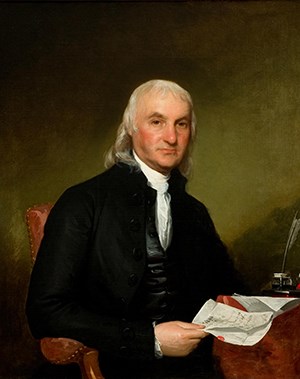 A painted portrait of a man with long white hair wearing a black suit and holding papers.