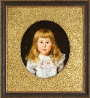 A head and shoulders portrait of FDR as a child with long blond hair.