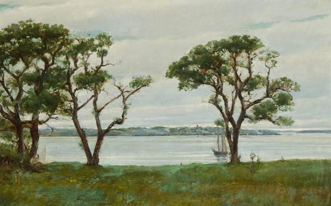 A painting of a shoreline with trees and a boat in the distance