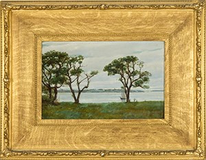 A landscape view looking through trees toward a sea.