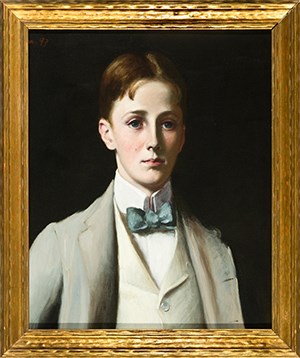 A painted portrait of an adolescent boy wearing a suit coat and bowtie.