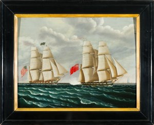 A painting of a naval engagement in a black frame.