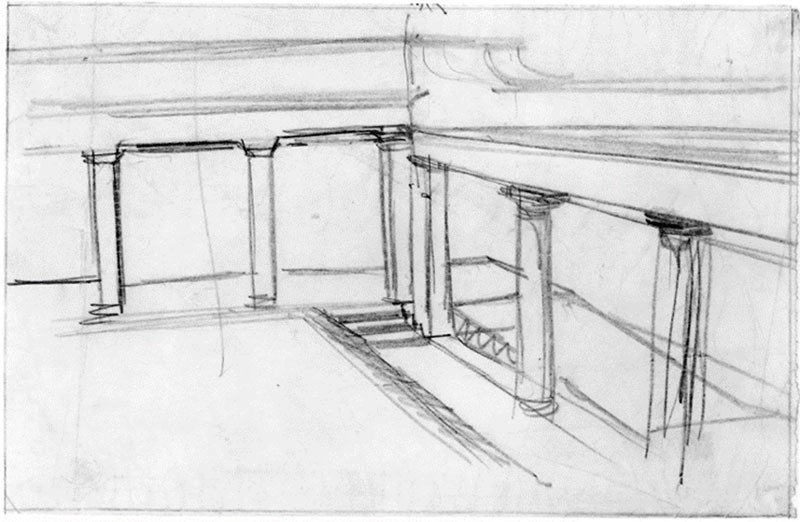 Architect's sketch of ramps along the White House portico.