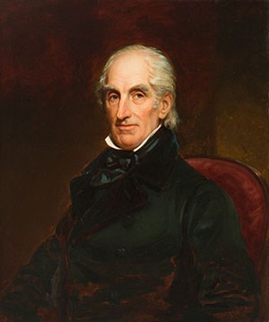 A painted portrait of a man with gray hair and a dark jacket.