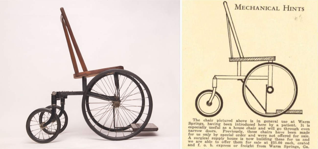 FDR's wheelchair compared to an identical drawing of a wheelchair sold by Warm Springs Foundation