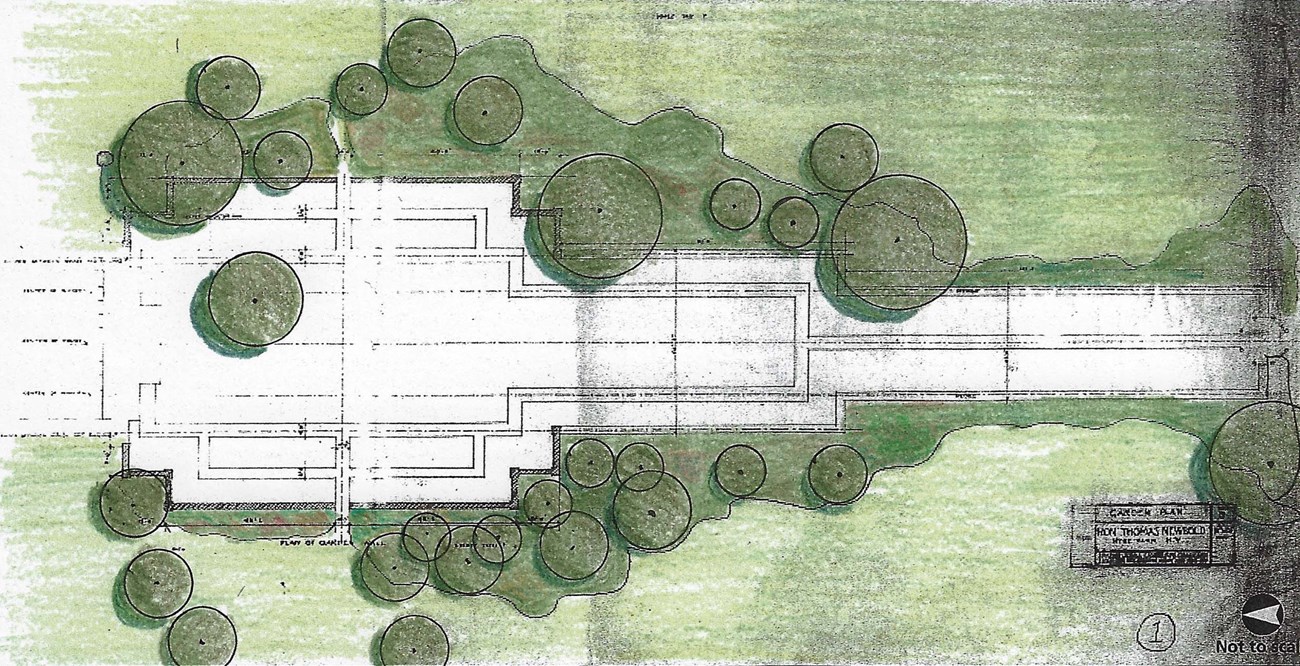 A drawing of a garden plan indicating the location of the wild garden.