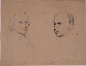 A pencil sketch on paper of the head and shoulders of two men (John Adams and John Quincy Adams)