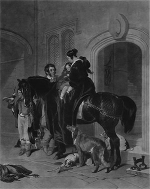 A print of a woman on horseback holding a child in her lap. A boy with hawk stands next to the horse.