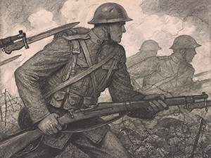 A print of soldiers with bayonets in combat.
