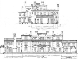 A drawing of the elevation of a classical house (the home of Franklin Roosevelt).