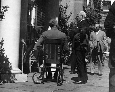FDR in a wheelchair on the terrace at Springwood
