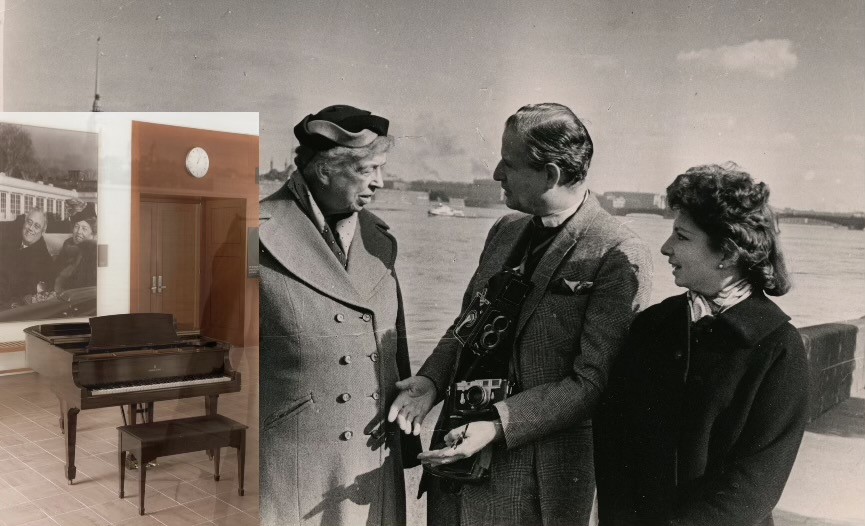 Through a generous donation by Maria Gurewitsch Brand and her family, Eleanor Roosevelt’s Steinway baby grand piano is now part of the historic collection of Mrs. Roosevelt’s possessions at Eleanor Roosevelt National Historic Site. Eleanor Roosevelt stands with a man and woman talking. An inset photo of a piano with a large photo of FDR and ER behind in on the wall.