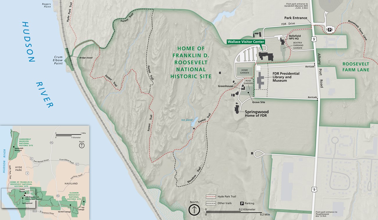 Park map with principal features and roads.