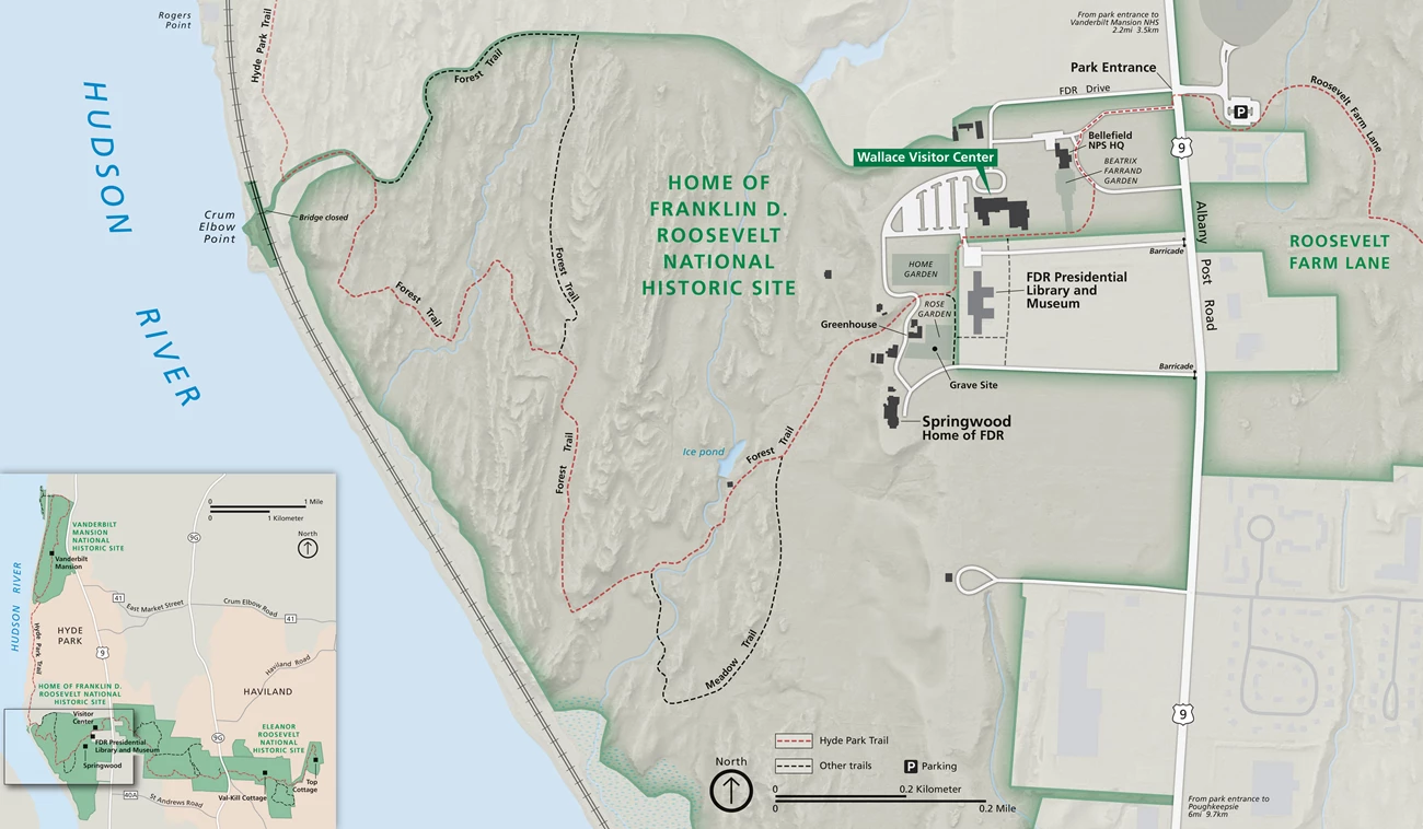 Park map with principal features and roads.