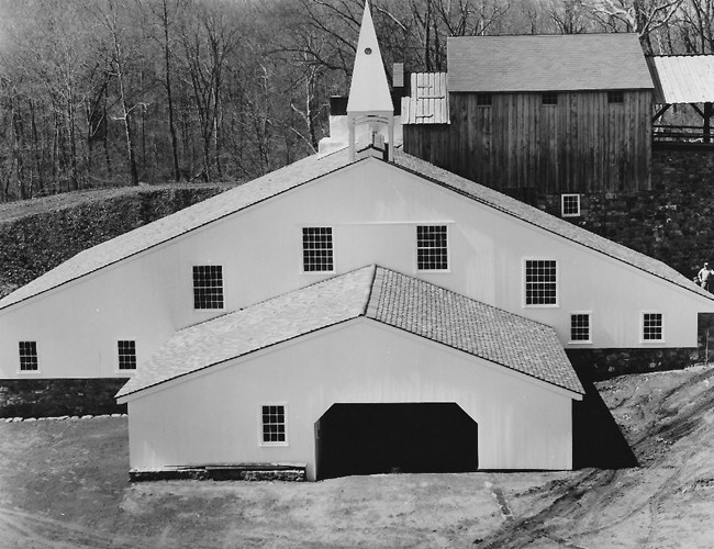 Black and white photograph of newly reconstructed Cast House.