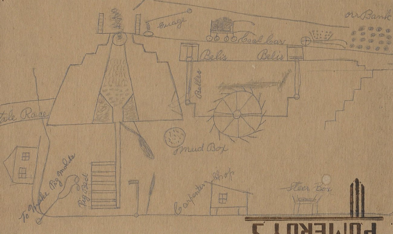 Lafayette Houck drew this picture of Hopewell Furnace for the National Park Service on a piece of cardboard in the 1930s.